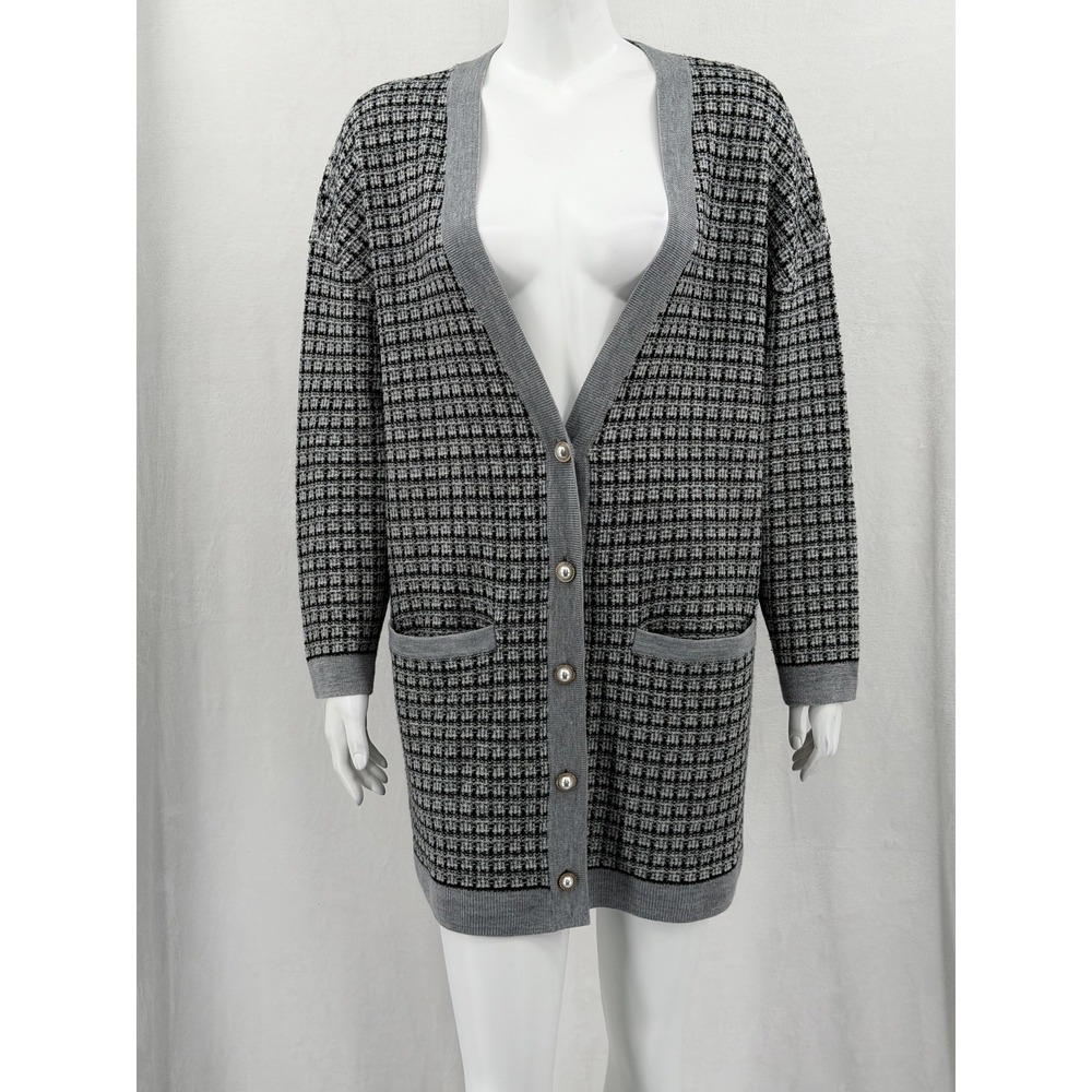 Talbots Sweater Women 1X Gray Plaid Cardigan Merino Wool Old Money Preppy Office